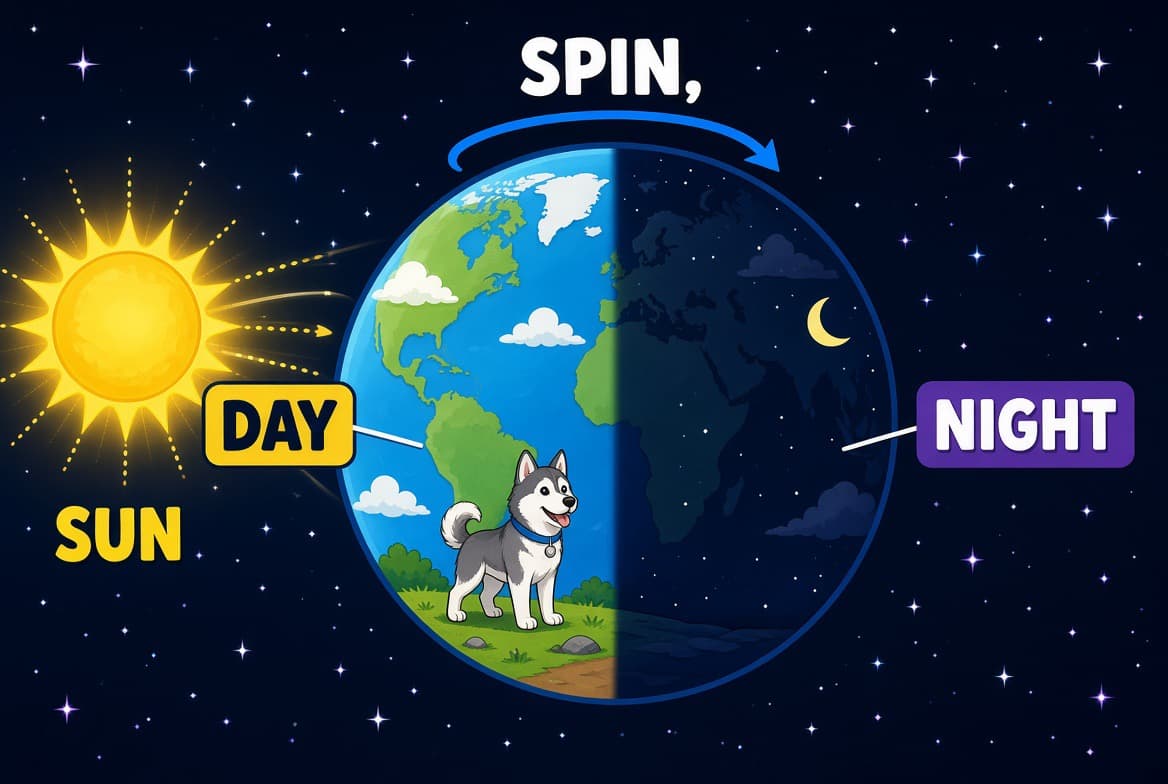 Earth spinning under the Sun — day on one side, night on the other, Hosky on the grass