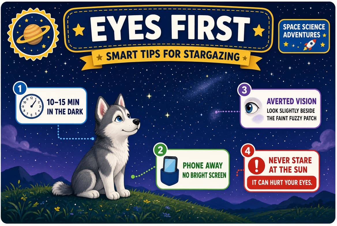Dark-adapted eyes — phone away, averted vision, never stare at the Sun