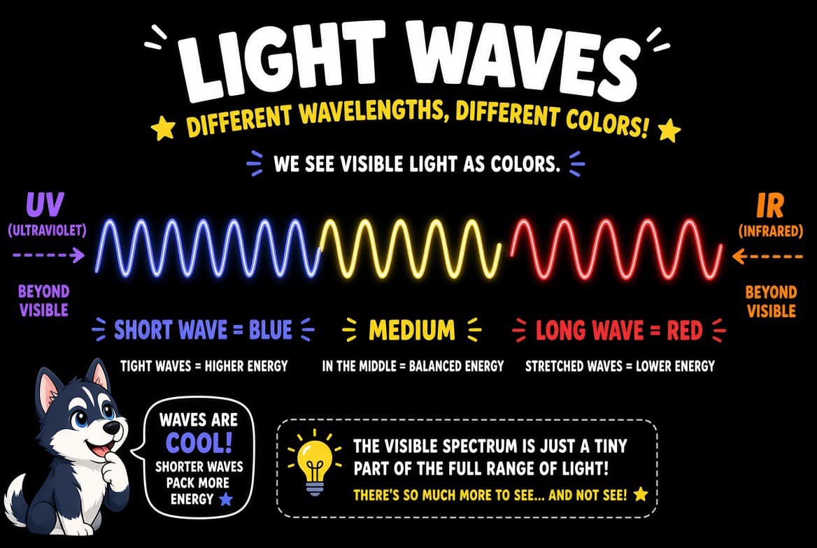 Visible spectrum — short blue to long red, UV and IR beyond