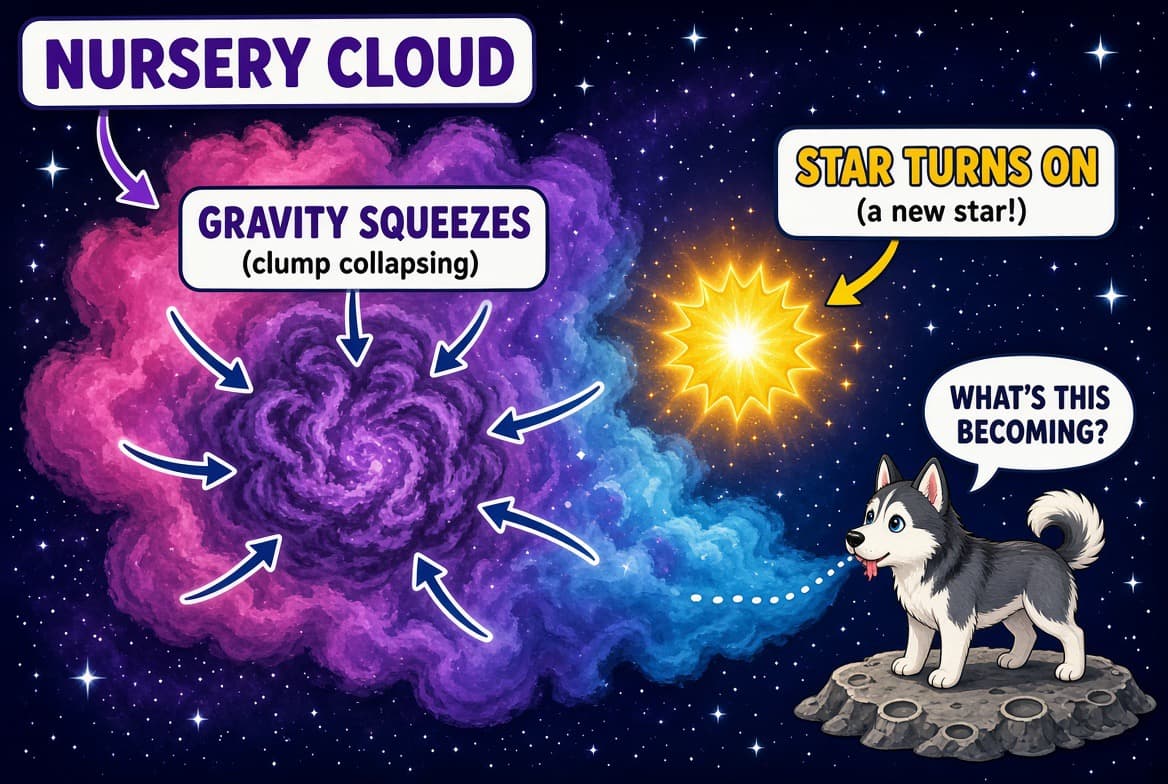 Nebula nursery — gravity squeezes a clump until a star switches on